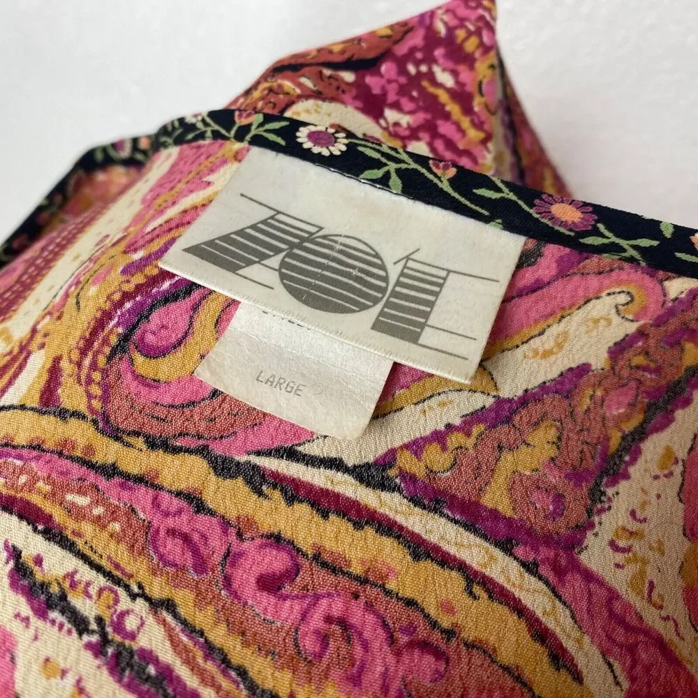 Vintage Zoe Womans Maxi Dress Large  Rayon Crepe Pink Paisley Boho Peasant Y2K